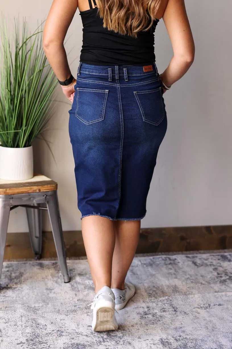 Stylish Sophia Dark Wash Denim Skirt with Waist Detail