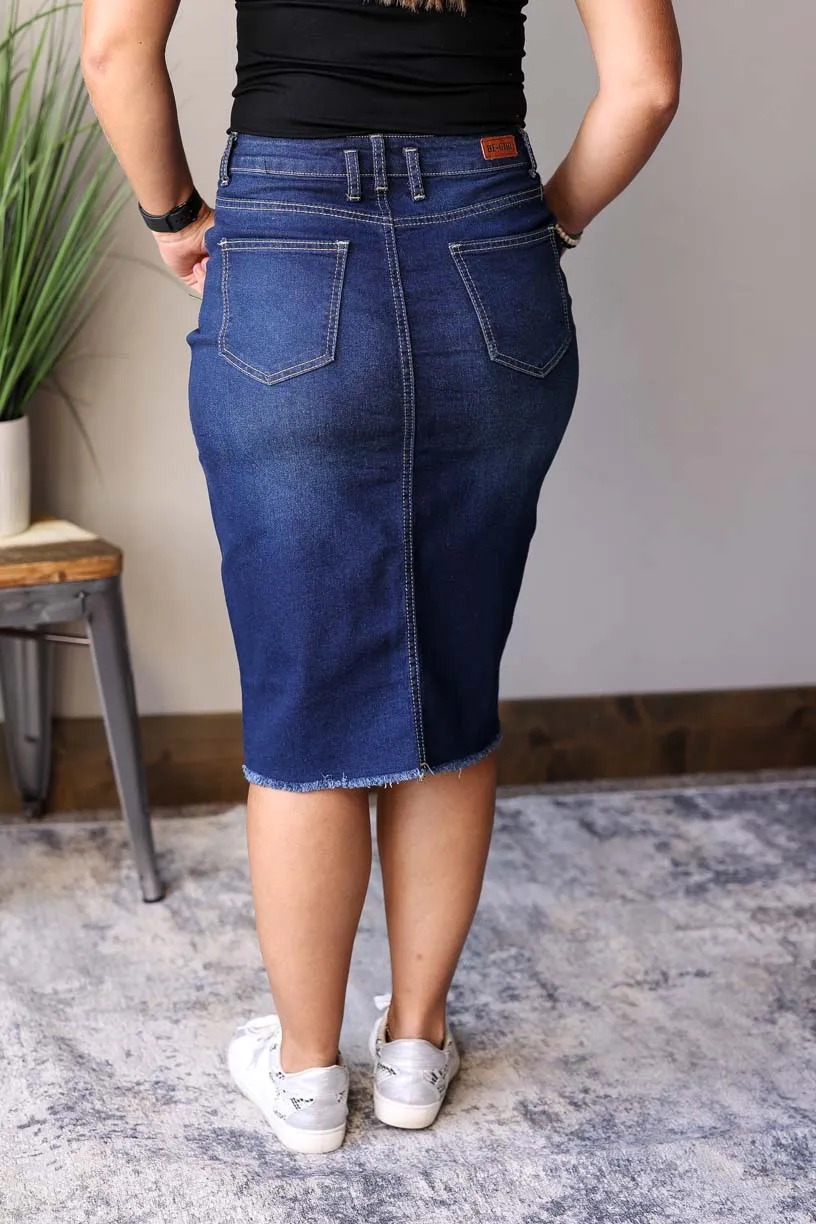 Stylish Sophia Dark Wash Denim Skirt with Waist Detail