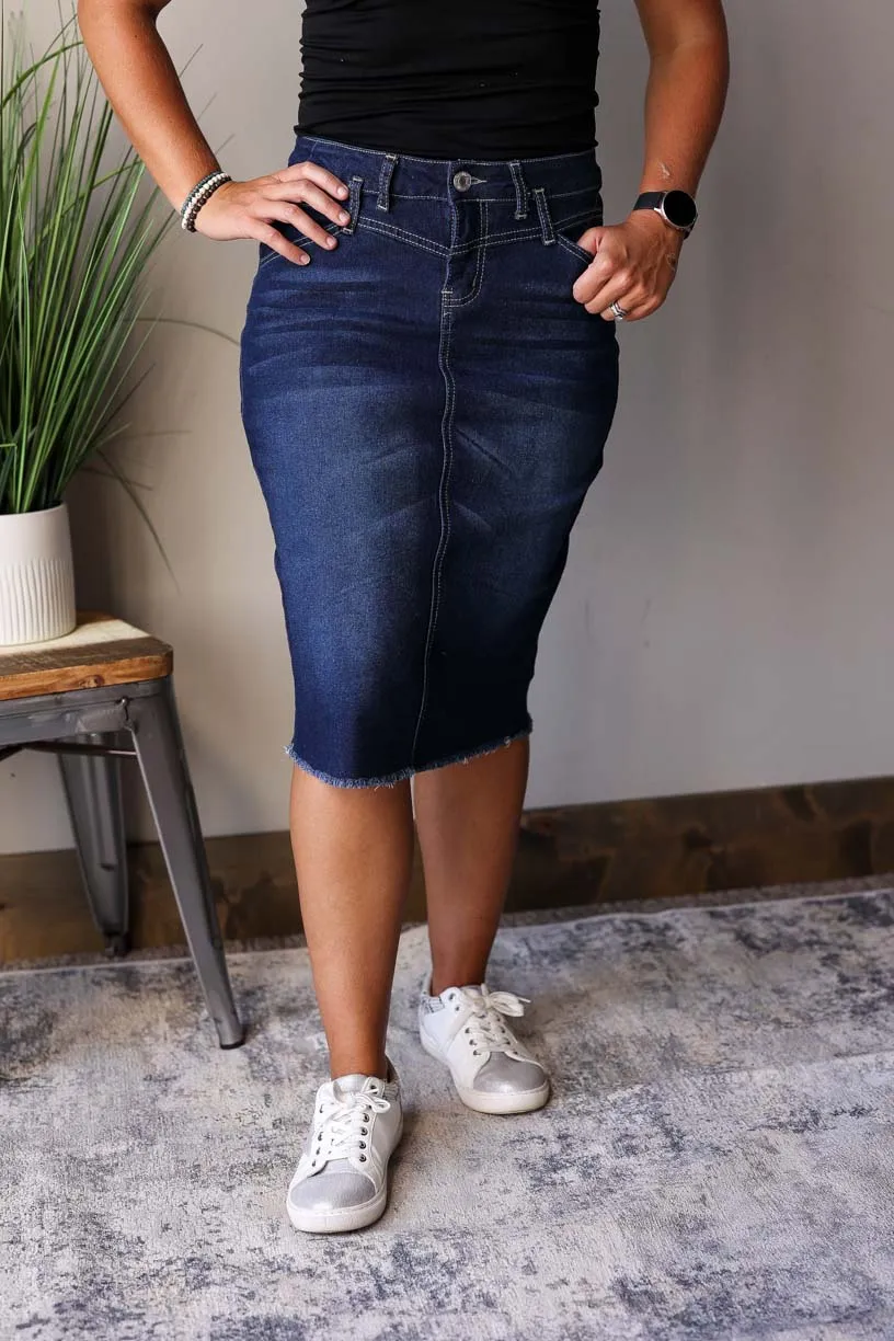 Stylish Sophia Dark Wash Denim Skirt with Waist Detail