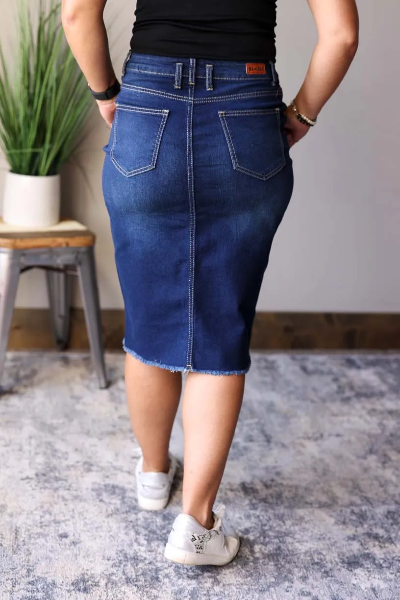 Stylish Sophia Dark Wash Denim Skirt with Waist Detail