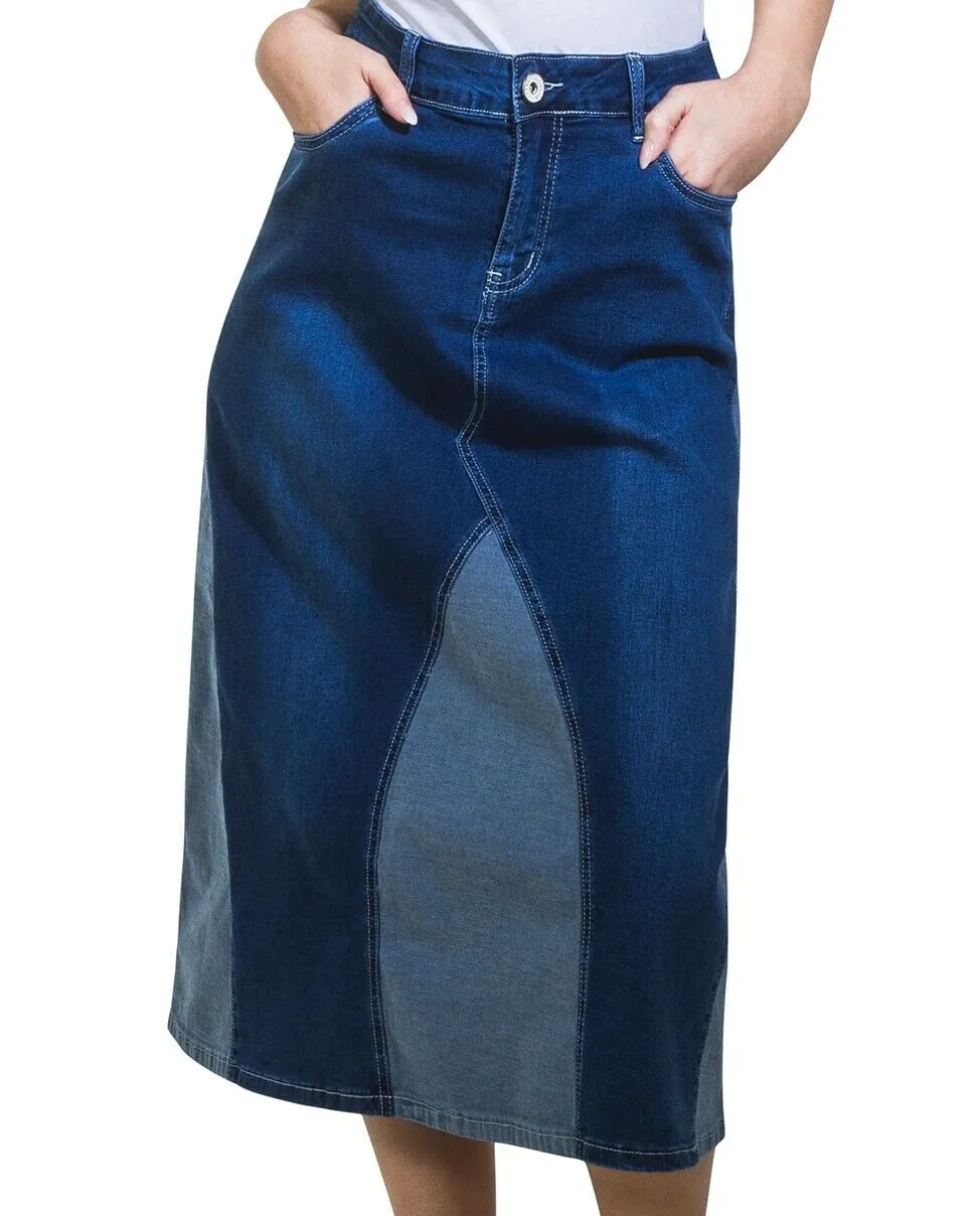 Stretch Denim Flared 2-Colour Panelled Midi Skirt