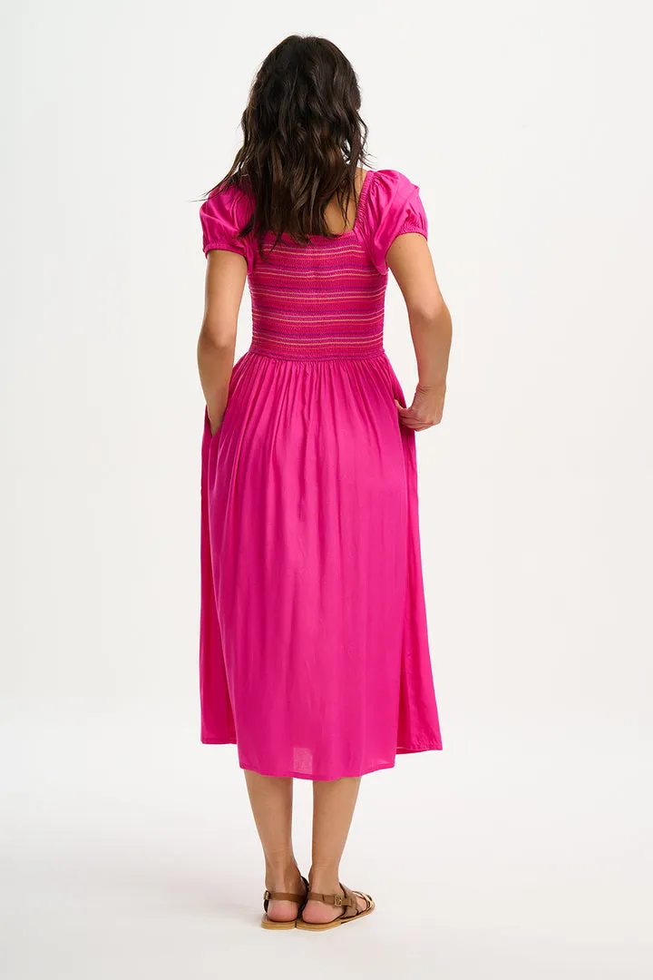 Sugarhill Brighton Octavia Dark Pink Rainbow Shirring Midi Shirred Dress