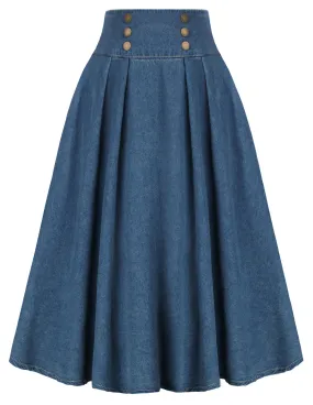 Swing Jean Skirt Elastic High Waist Buttons Decorated Skirt