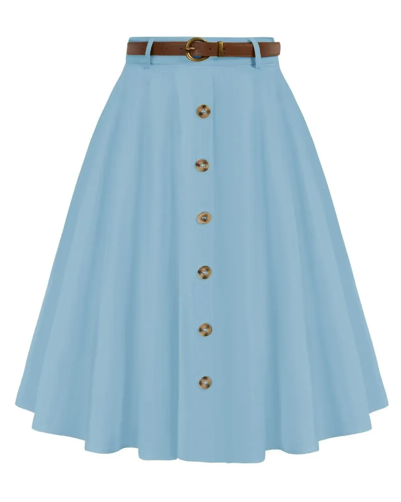 Swing Skirt with Belt Elastic High Waist Buttons Decorated Skirt