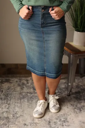 Two Button Fly Pencil Denim Skirt