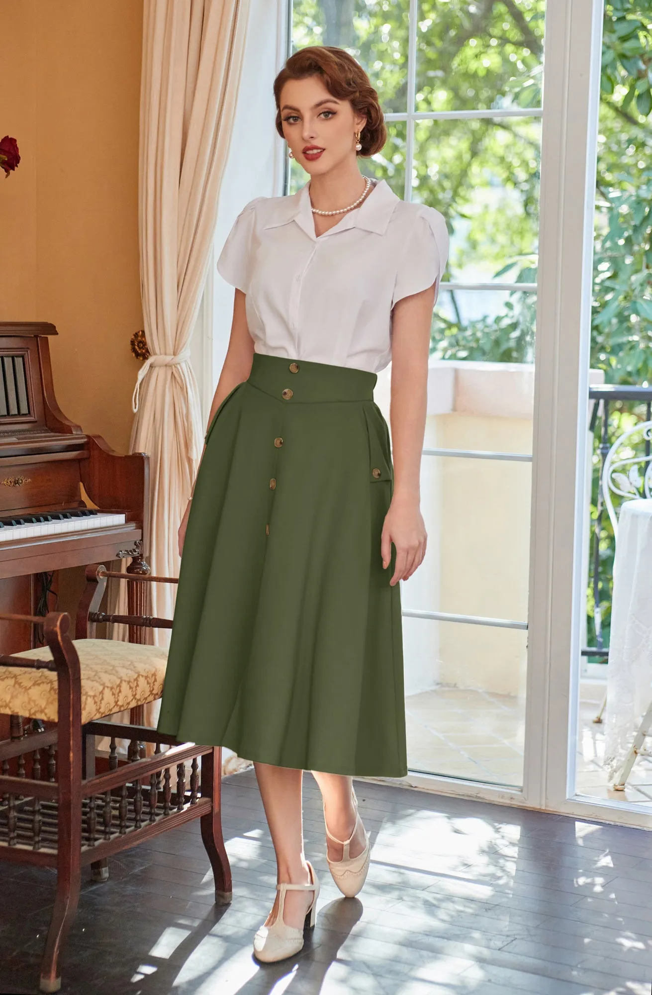 Vintage A-Line Skirt Midi Skirt Casual Skirt High Waisted Midi Party Skirt Basic A-Line Stretchy Flared Skirt