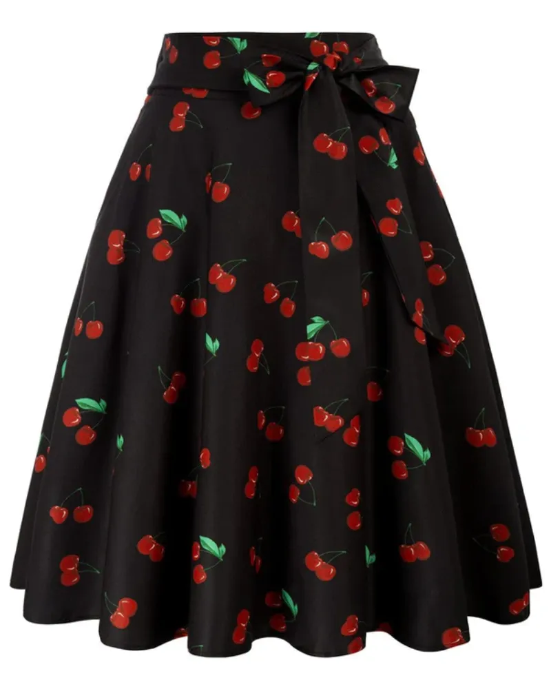 Vintage Cherry Patterns High Waist A-Line Pockets Skirt Skater Flared Midi Skirts