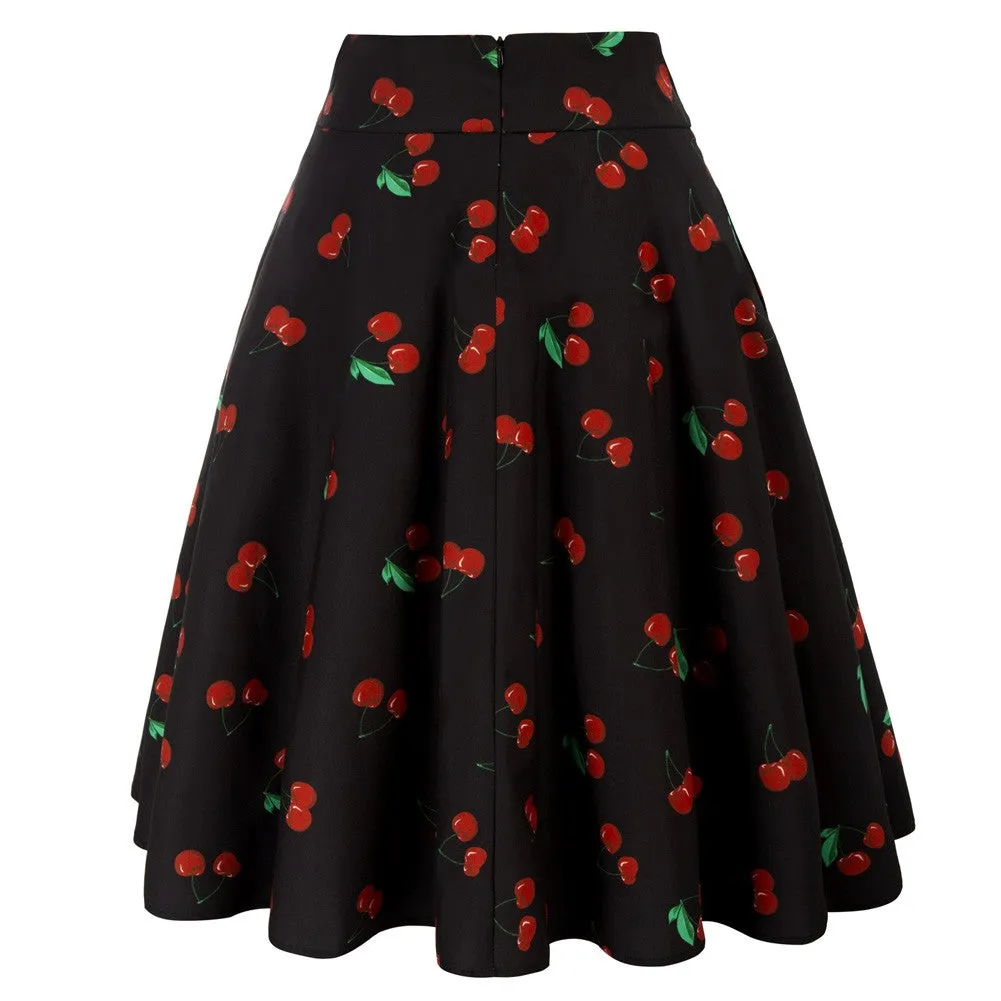 Vintage Cherry Patterns High Waist A-Line Pockets Skirt Skater Flared Midi Skirts