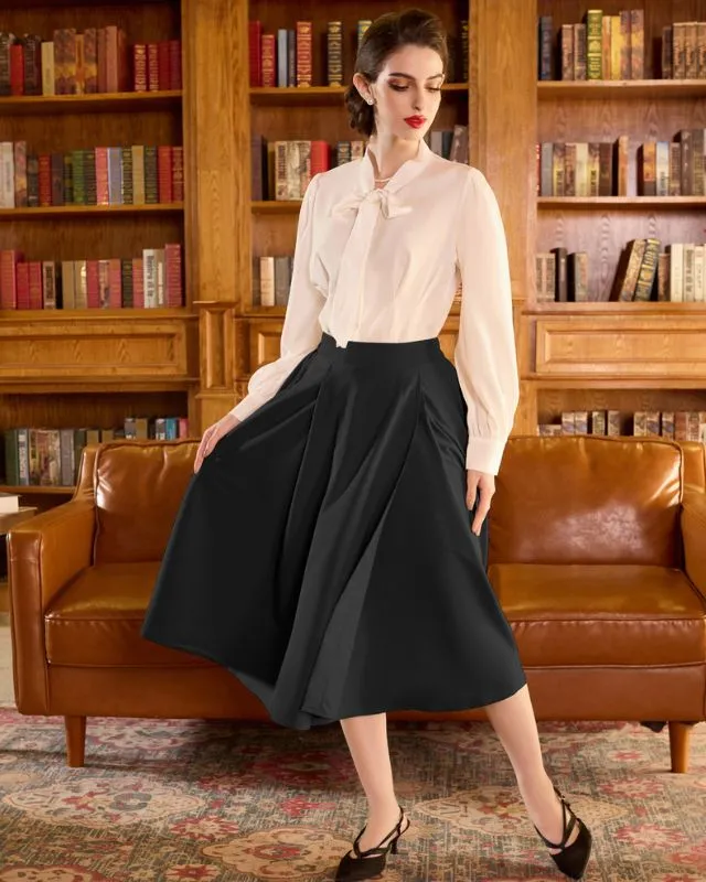 Vintage Skirts with Side Slit High Waisted Midi A-Line Flowy Skirts with Pockets